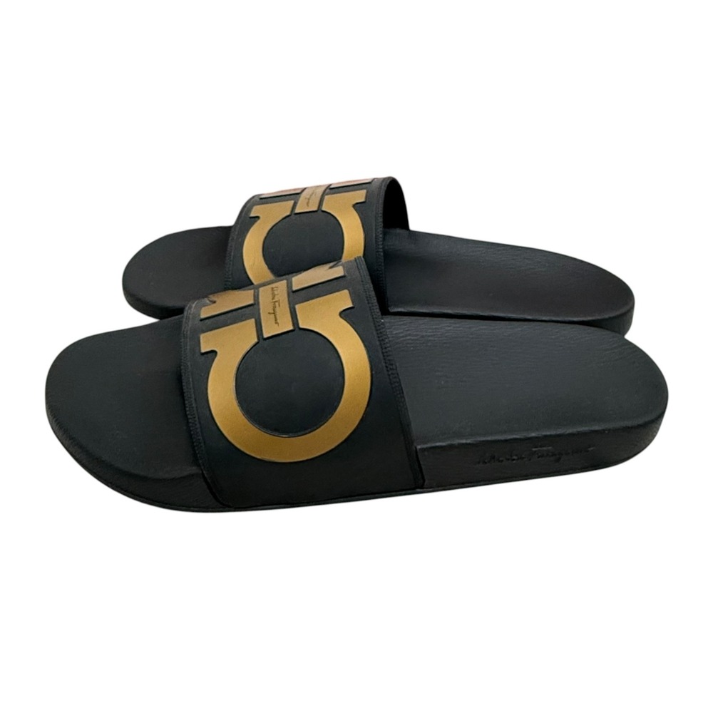 Salvatore Ferragamo Logo Slide Sandals Size Mens 11 Groove 2 Black Gold Gancini - Picture 2 of 10